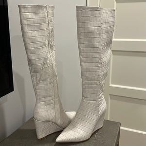 White faux croc wedge boots